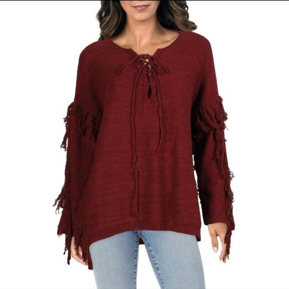 Blush Noir S Wine Split Sleeve Sweater Poncho‎ NWT Anthropologie Western Fringe